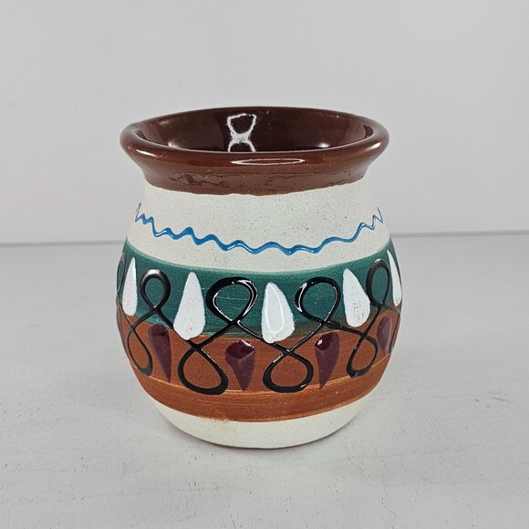 Hand-Painted Mexican Clay Pottery Jarrito Little Jug Glazed Coffee Mug Signed - Picture 2 of 10